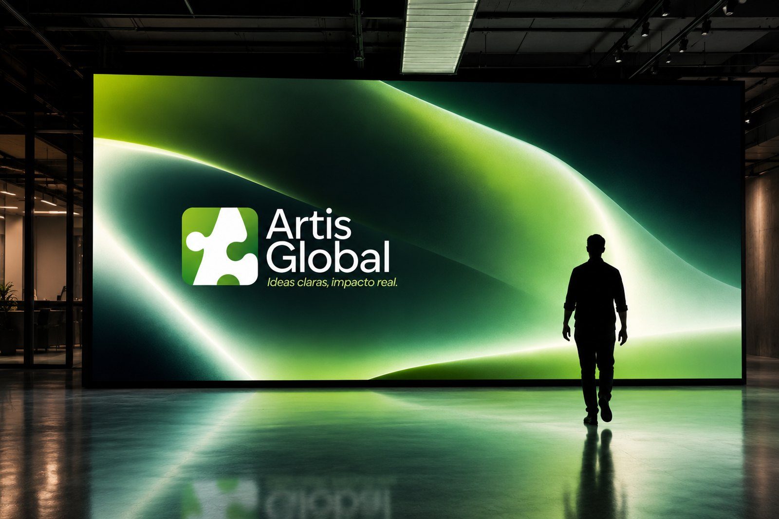 Pantalla LED gigante con la marca Artis Global y fondo abstracto verde